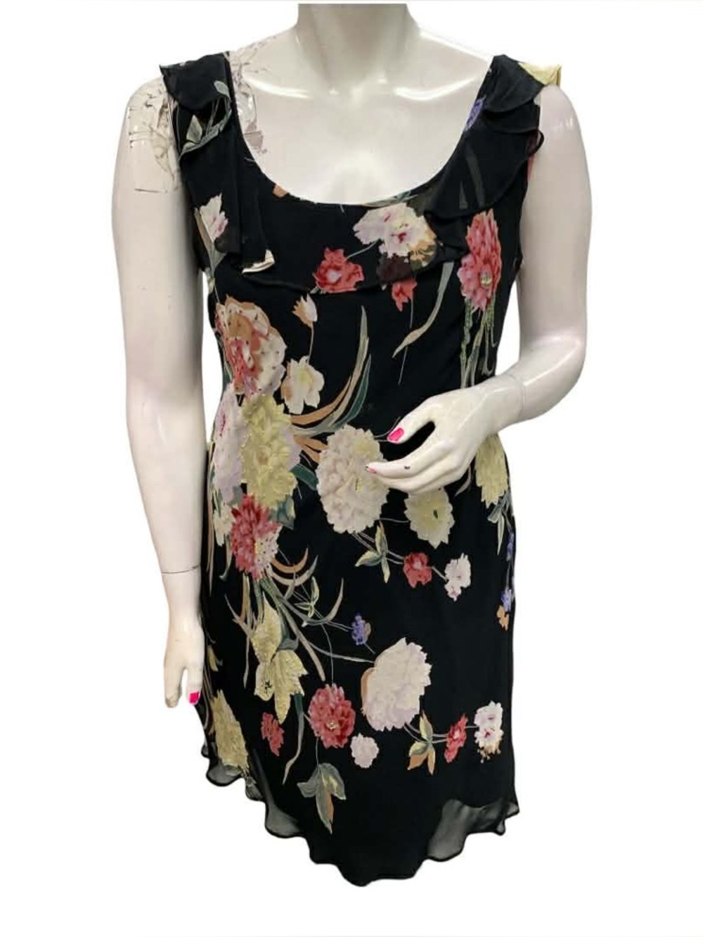 Eva Blue Black Floral Scoop Neck Sleeveless Ruffle Dress Size XL